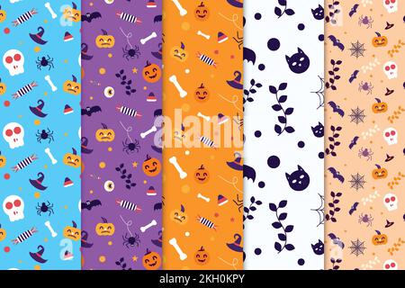 Scary Halloween pattern bundle with witchcraft elements and dead skulls. Halloween endless pattern set with purple and orange color backgrounds. Minim Stock Vector