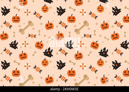 Abstract Halloween pattern design with smiling pumpkins and bones vector. Halloween seamless pattern vector for wallpapers, wrapping papers, and bed s Stock Vector