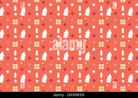 Minimal Christmas pattern vector with pine tree and gift icons. Seamless Xmas pattern decoration on a orange background. Christmas pattern design for Stock Vector