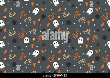 Scary Halloween pattern background with cute ghosts and dead leaves vector. Halloween seamless pattern decoration for book covers and wallpapers. Cute Stock Vector
