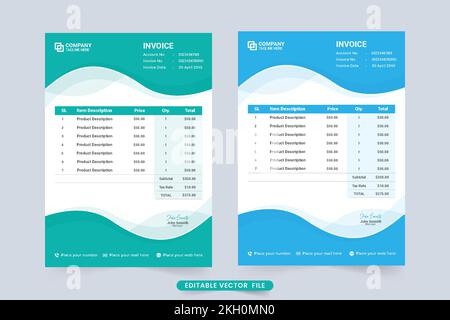 Creative business invoice template design with abstract shapes. Corporate business invoice template with green and blue color. Payment agreement paper Stock Vector