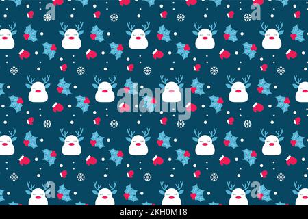 Cute abstract Christmas pattern decoration on a dark blue background. Endless Christmas pattern design with cute snowmen and leaves. Christmas minimal Stock Vector