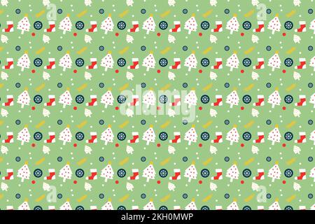 Endless pattern decoration with Christmas elements on a light green background. Christmas abstract pattern vector with socks and white pine trees. Cut Stock Vector