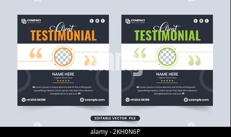 Creative website testimonial and client feedback review section vector with dark backgrounds. Customer service feedback and quote layout vector with a Stock Vector