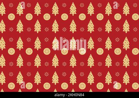 Christmas decoration pattern design with pine trees and snowflakes. Minimal vintage Christmas pattern vector on a red background. Golden element Xmas Stock Vector