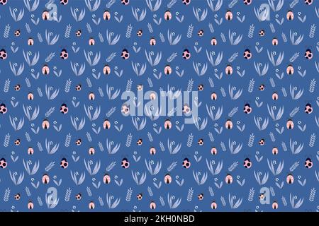 Seamless ladybug pattern decoration with insects and flower icons. Endless floral pattern design on a blue background. Abstract insects pattern vector Stock Vector