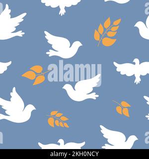 White Dove and golden twig, olive branch silhouettes on blue background. Christian symbol seamless pattern Stock Vector
