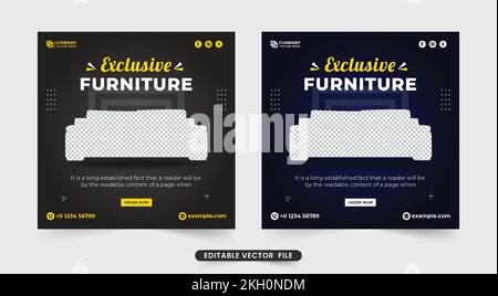 Modern furniture sale banner and social media post vector with dark backgrounds. Furniture store promotion and digital marketing web banner design. Ex Stock Vector