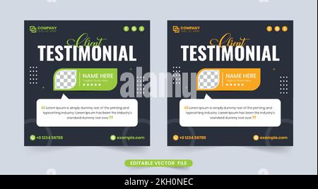Creative client testimonial and review section design with dark backgrounds. Customer service review and feedback section design with red and orange c Stock Vector
