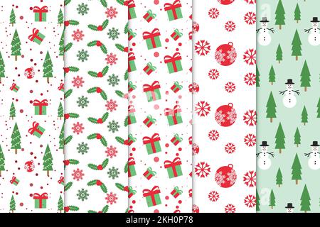 Abstract pattern collection with red and green Christmas elements vector. Seamless Christmas pattern bundle on white backgrounds. Christmas element pa Stock Vector