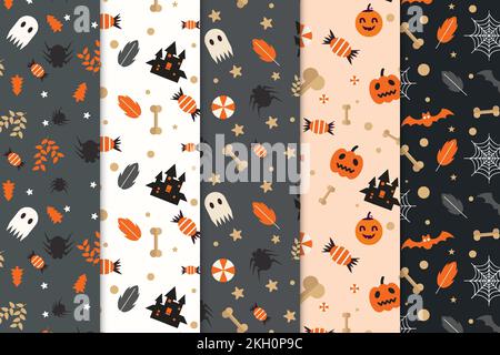 Scary Halloween pattern bundle decoration on white and dark background. Spooky Halloween pattern collection with cute pumpkins and ghosts. Halloween p Stock Vector
