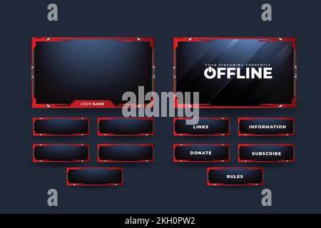 Live streaming overlay vector with red and dark color. Stream overlay design with buttons for online gamers. Offline frame design for gamers. Live Gam Stock Vector