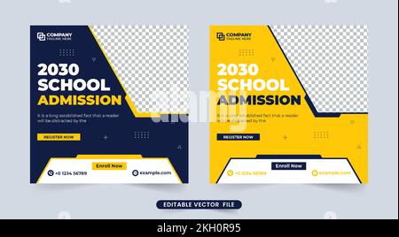 School admission social media post vector with yellow and dark colors. Academic and educational poster design with abstract shapes. School registratio Stock Vector