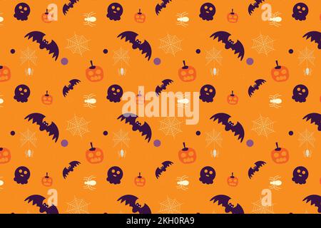 Scary Halloween element pattern decoration on an orange background. Halloween endless pattern vector with bats, scary pumpkins, and spiders. Halloween Stock Vector