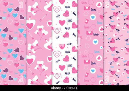 Colorful love pattern bundle with cute love elements vector. Romantic seamless pattern collection with pink backgrounds. Abstract pattern set design f Stock Vector