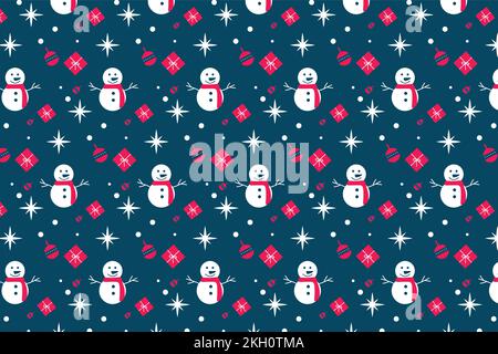 Christmas background and wallpaper pattern vector with snowmen and gift icons. Christmas seamless pattern design on a dark blue background. Xmas decor Stock Vector