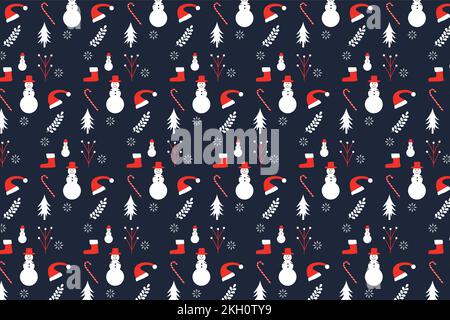 Christmas pattern design with dark background and snowmen. Christmas decoration pattern for wallpaper and book covers. Seamless pattern vector with ca Stock Vector