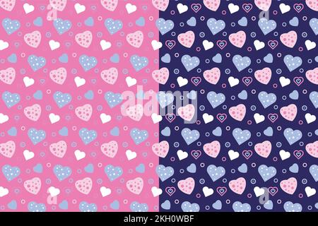 Beautiful love pattern vector on pink and dark blue background. Seamless repeating pattern decoration with different love shapes. Minimal love pattern Stock Vector
