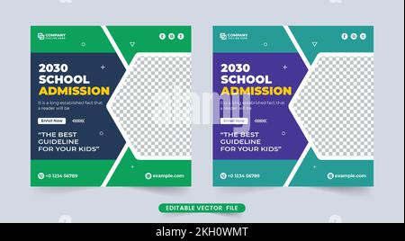 School admission social media post template with green and dark colors. Education web banner template vector for schools. Creative school admission pr Stock Vector