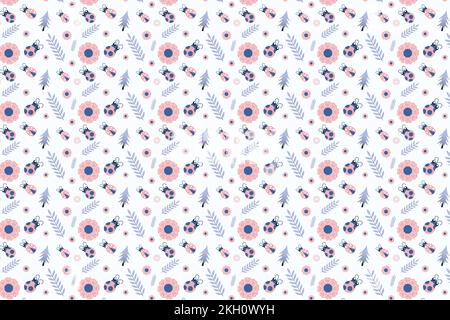 Abstract insects patten decoration with flower, ladybug, and pine leaves. Seamless tropical pattern vector on a white background. Minimal floral patte Stock Vector