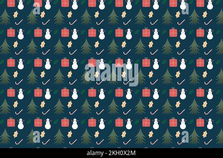 Christmas pattern decorated with snowmen, pine leaves, and gift icons. Seamless pattern design for gift cards, backgrounds, bed sheets, and wallpapers Stock Vector