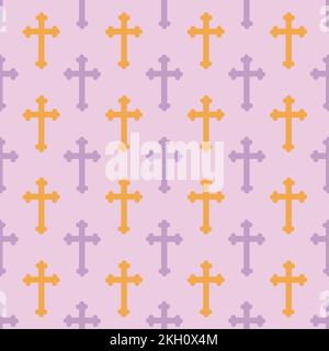 Yellow and purple crucifix on pink background. Christian symbol seamless pattern. Stock Vector