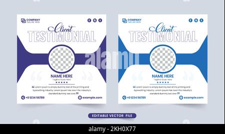 Business testimonial template vector with a photo placeholder and text effect. Customer service review and work rating section design with purple and Stock Vector