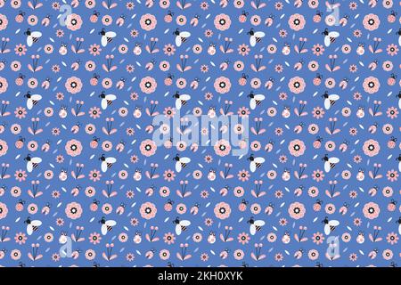 Abstract insects pattern vector on a blue background for book cover and gift cards. Seamless floral pattern decoration with bumble bee, lady bug, and Stock Vector