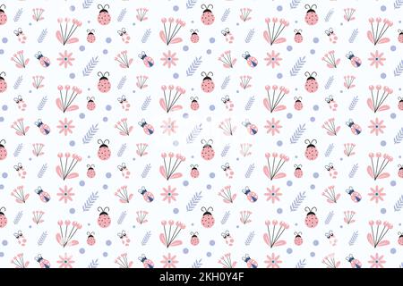 Beautiful tropical insects pattern design on a white background. Ladybug pattern decoration with leaves and flower icons. Endless insect pattern vecto Stock Vector