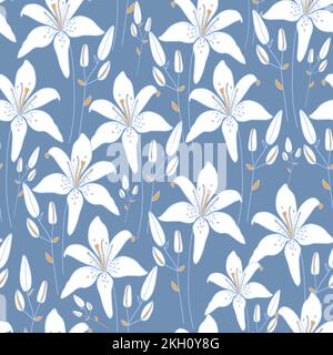 White hand drawn lily flowers seamless pattern. Stock Vector