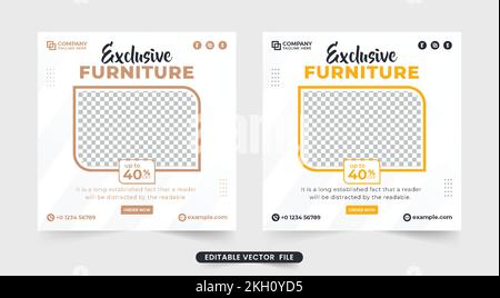 Furniture sale social media post design for business promotion. Furniture store advertisement editable template vector with yellow and clay colors. Fu Stock Vector