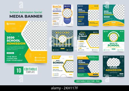 Back-to-school social media post collection designed with abstract shapes. School admission and academic course promotion template set vector. Creativ Stock Vector