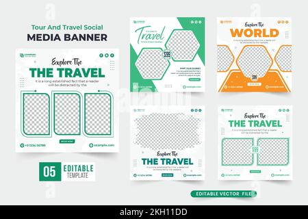 Travel agency promotion banner and social media post design bundle with green and orange colors. Tour and travel advertisement flyer template collecti Stock Vector