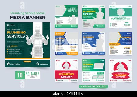 Corporate plumbing service social media post set vector. Plumber and handyman service web banner design collection with abstract shapes. Plumbing busi Stock Vector