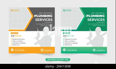 Handyman and plumber service social media post vector for online marketing. Professional home maintenance service promotional template design with yel Stock Vector