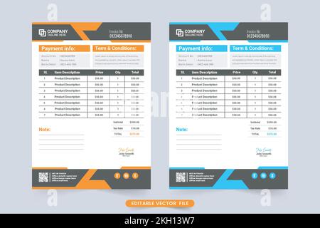 Professional business invoice design with abstract modern shapes. Corporate company purchase receipt and billing template vector with blue and orange Stock Vector