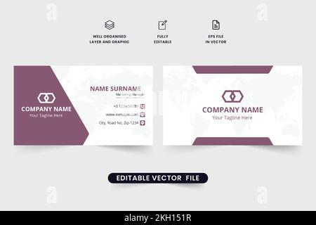 Creative business card stationery design with purple colors. Company identity card design for employees. Double-sided horizontal visiting card design Stock Vector