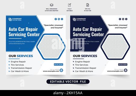 Car repair servicing center promotional web banner vector with dark and blue colors. Car maintenance service social media post design for digital mark Stock Vector
