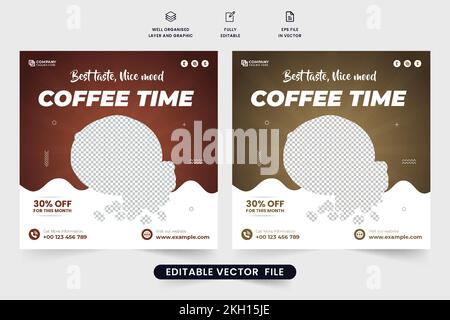 Beverage promotional template design with chocolate color backgrounds. Coffee advertisement poster vector with abstract shapes. Coffee shop social med Stock Vector