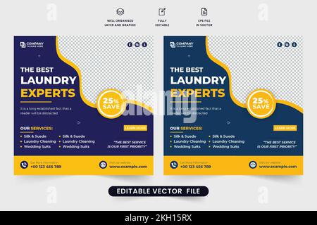 Laundry business promotional web banner design with blue and yellow colors. Cloth cleaning service social media post vector for digital marketing. Lau Stock Vector