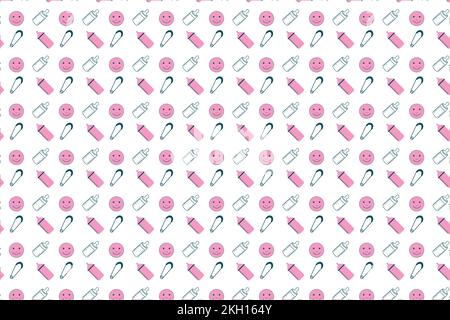 Endless baby pattern background design for backdrops, wallpapers, and book covers. Seamless childish pattern decoration with smiling faces and baby fe Stock Vector