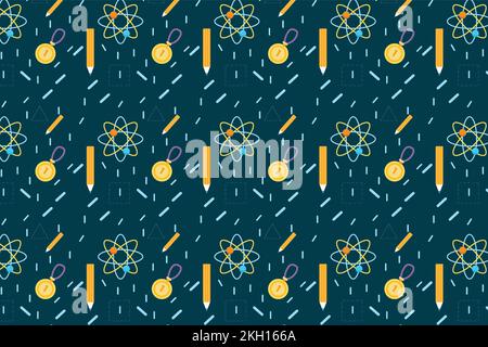Minimal education pattern decoration with atomic structure, pencil, and medal icons. Seamless study pattern vector on a dark background. Abstract scie Stock Vector