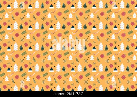 Beautiful Christmas pattern decoration with pine tree and gift icons on a yellow background. Seamless Xmas pattern elements for the event. Minimal Chr Stock Vector