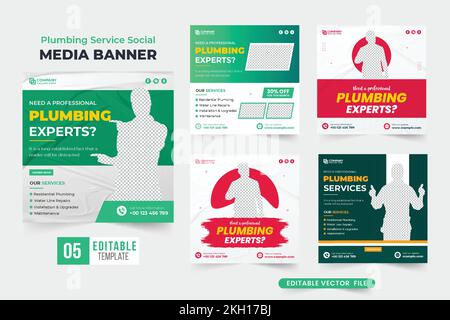 Modern handyman business promotional web banner bundle with red and green colors. Plumbing service advertisement template set for social media marketi Stock Vector