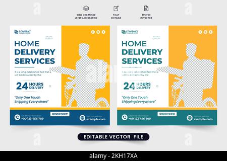 Online food delivery service template with blue and yellow colors. 24-hour home delivery business social media post vector. Express delivery service w Stock Vector