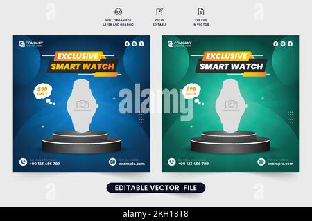 Smartwatch product sale social media post vector. Limited-time smartwatch mega sale offer. Wrist Watch sale discount template with blue and green back Stock Vector