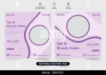 Beauty salon social media post vector with purple colors. Modern spa center advertisement template design with abstract shapes. Beauty and body treatm Stock Vector