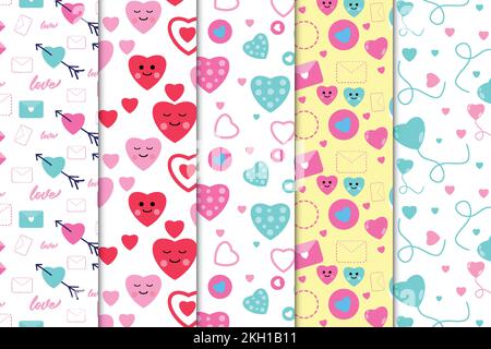 Creative love pattern collection vector on white backgrounds. Beautiful love pattern bundle with heart shapes and envelope icons. Abstract love patter Stock Vector