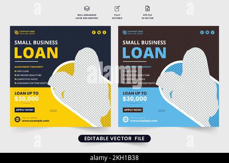 Bank loan service promotional template vector for digital marketing. Small business loan and liability template design with yellow and blue colors. Mo Stock Vector