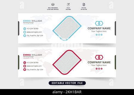 Corporate email signature layout vector for social media cover. Individual text mail interface and footer design with red and blue colors. Modern emai Stock Vector